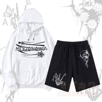 MODAKAWA Pullover-Hoodie mit Sternenbuchstaben-Grafik und Shorts mit Blumen-Skeletthand-Grafik und Kordelzug, zweiteiliges Set - Weiß & Schwarz - 2XL - image 2
