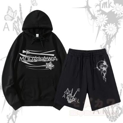 MODAKAWA Pullover-Hoodie mit Sternenbuchstaben-Grafik und Shorts mit Blumen-Skeletthand-Grafik und Kordelzug, zweiteiliges Set - Schwarz - 2XL - image 1
