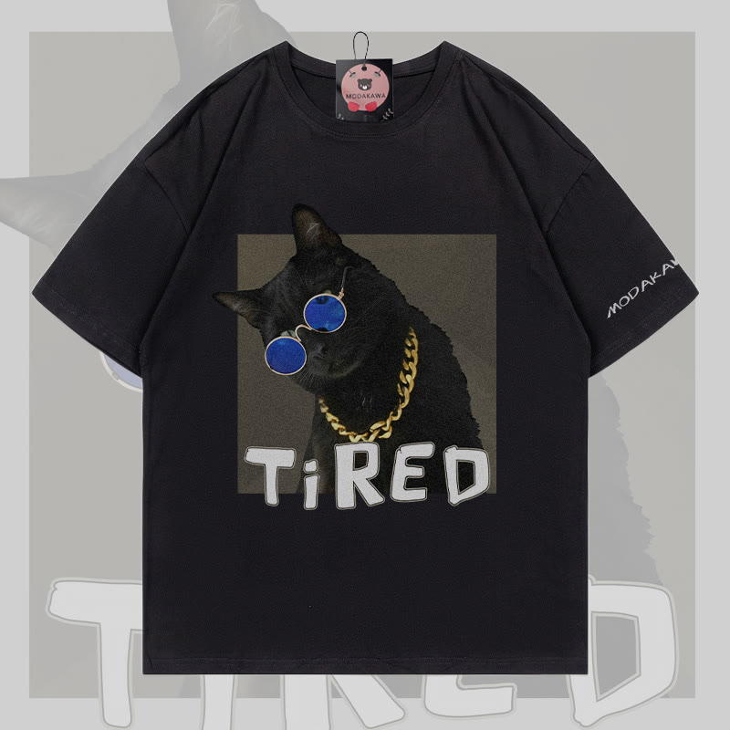 MODAKAWA TIRED Gold Chain Cat Grafik-T-Shirt - Black - 5XL - image 3