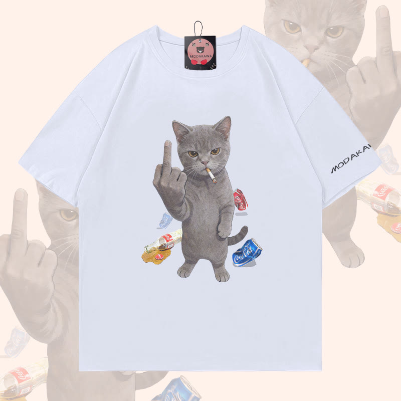 MODAKAWA T-Shirt mit trotziger rauchender Katze - White - 5XL - image 1