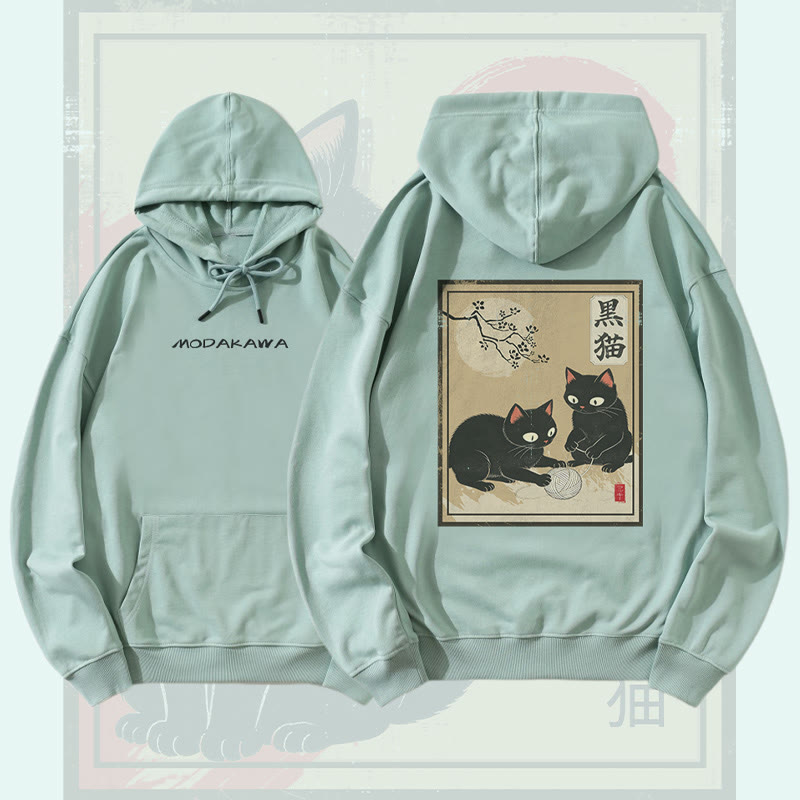 MODAKAWA Streetwear-Pullover-Hoodie mit schwarzer Katze beim Spielen mit Garn - Green - 5XL - image 1