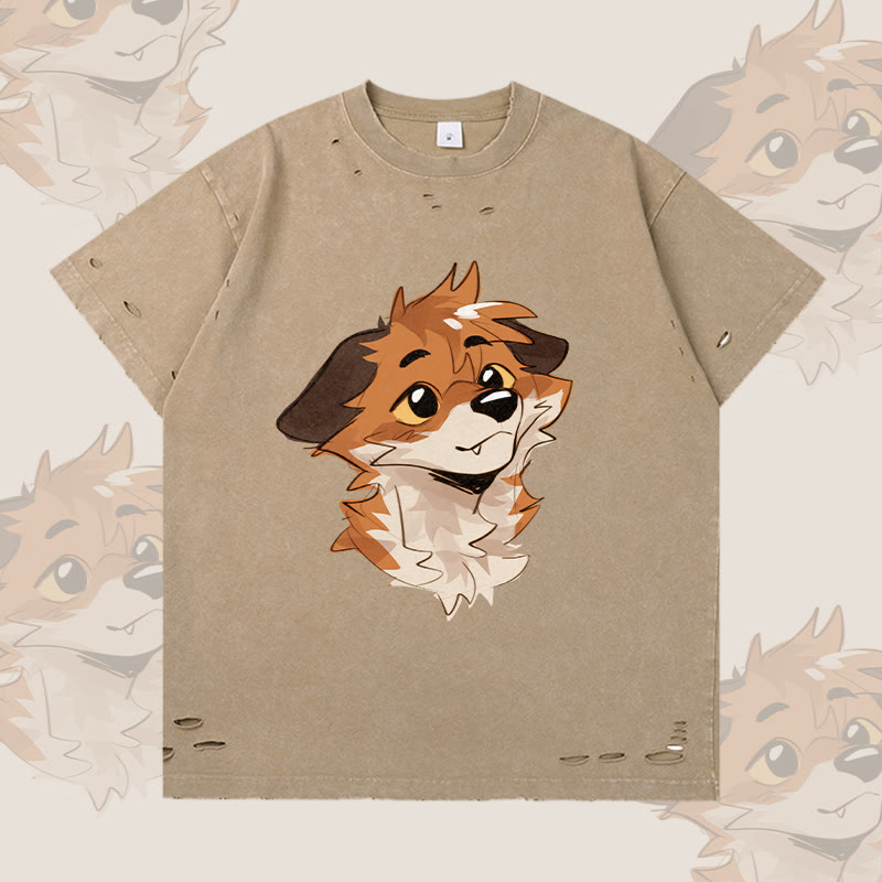 MODAKAWA X atka Anticipating Fox Graphic Ripped T-Shirt - Brown - 2XL - image 1