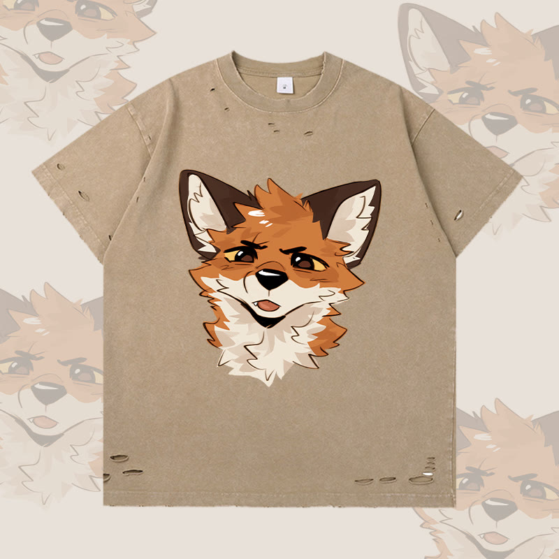 MODAKAWA X atka Squinty Fox Graphic Ripped T-Shirt - Brown - 2XL - image 2