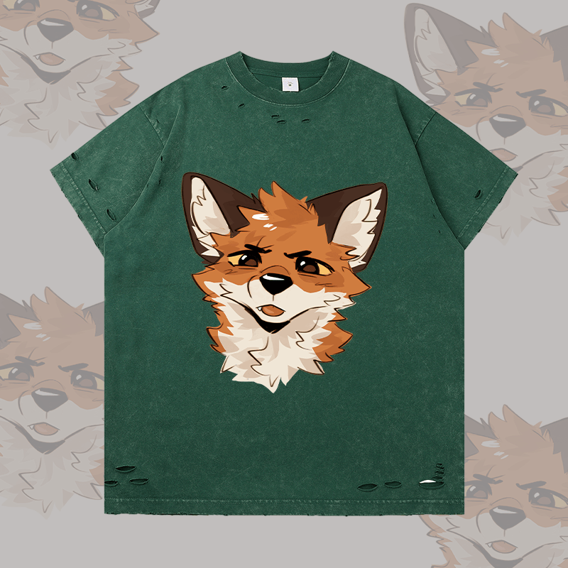 MODAKAWA X atka Squinty Fox Graphic Ripped T-Shirt - Dark Green - 2XL - image 1