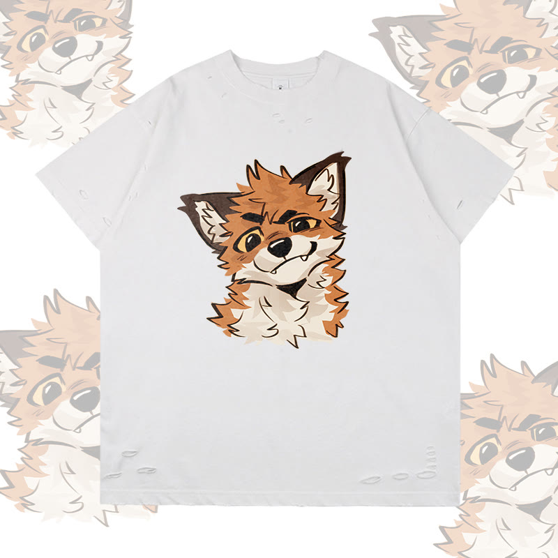MODAKAWA X atka Lustiges Fuchs-Grafik-T-Shirt mit Rissen - White - 2XL - image 1