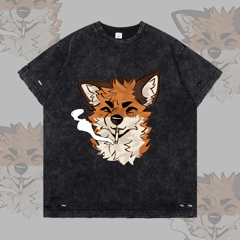 MODAKAWA X atka Fox Smoking Graphic Ripped T-shirt - Black - 2XL - image 1