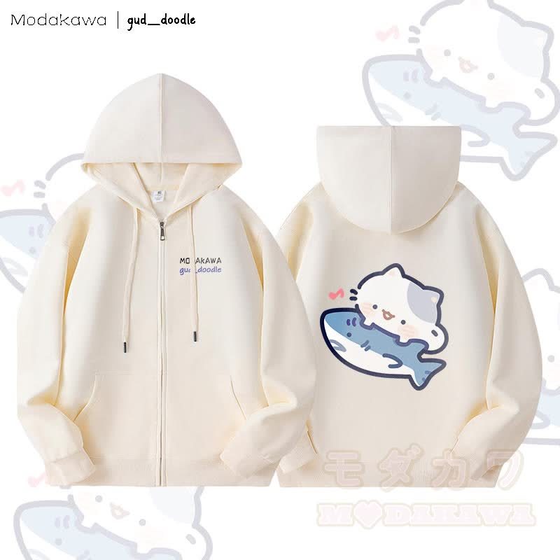 MODAKAWA X gud_doodle Kitty Shark Grafik Fleece gefütterter Kapuzenpullover mit Reißverschluss - Beige - 5XL - image 4