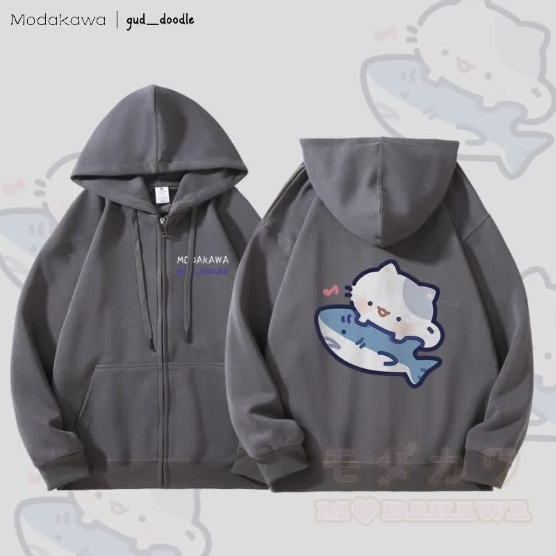 MODAKAWA X gud_doodle Kitty Shark Grafik Fleece gefütterter Kapuzenpullover mit Reißverschluss - Dunkelgrau - 5XL - image 2
