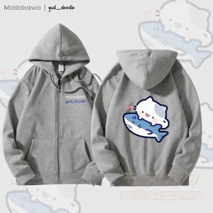 MODAKAWA X gud_doodle Kitty Shark Grafik Fleece gefütterter Kapuzenpullover mit Reißverschluss - Grau - 5XL - image 1