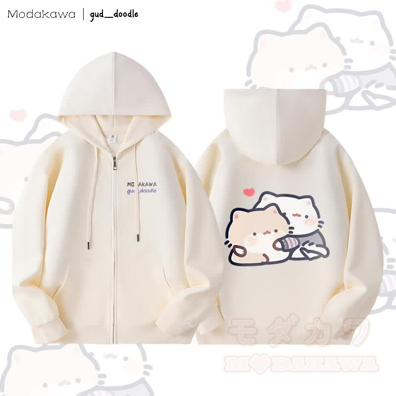 MODAKAWA X gud_doodle Kitty Grafik Fleecegefütterter Kapuzenpullover mit Reißverschluss - Beige - 5XL - image 4