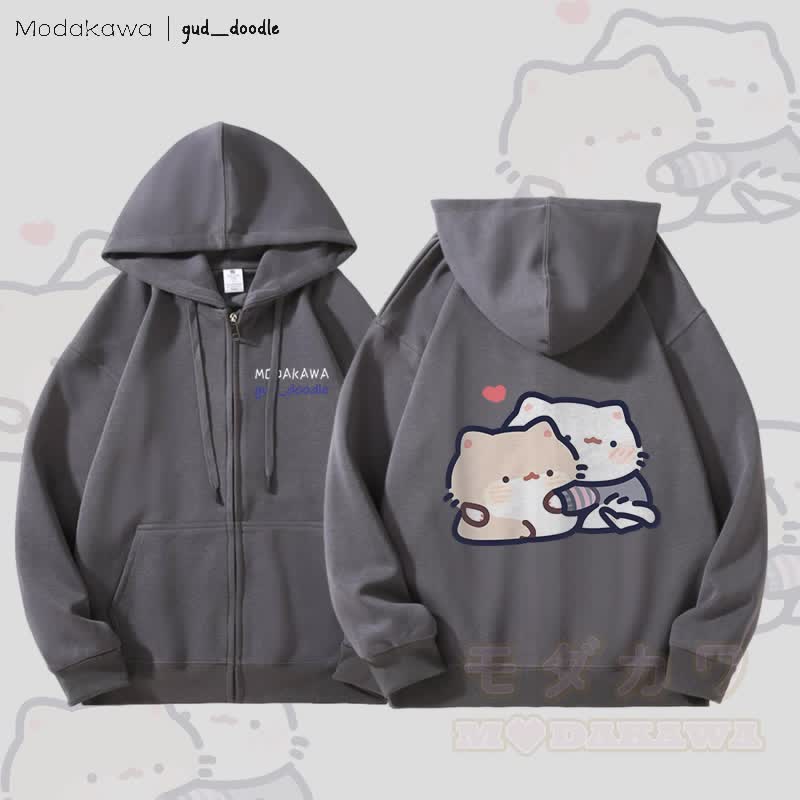 MODAKAWA X gud_doodle Kitty Grafik Fleecegefütterter Kapuzenpullover mit Reißverschluss - Dunkelgrau - 5XL - image 1