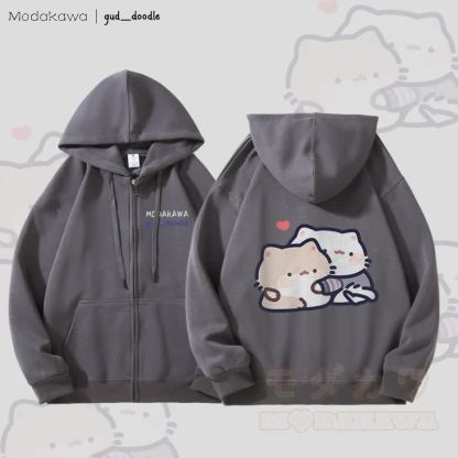 MODAKAWA X gud_doodle Kitty Grafik Fleecegefütterter Kapuzenpullover mit Reißverschluss - Dunkelgrau - 5XL - image 1