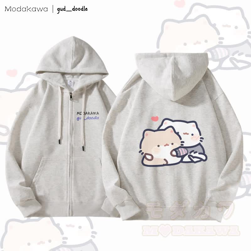 MODAKAWA X gud_doodle Kitty Grafik Fleecegefütterter Kapuzenpullover mit Reißverschluss - Hellgrau - 5XL - image 3