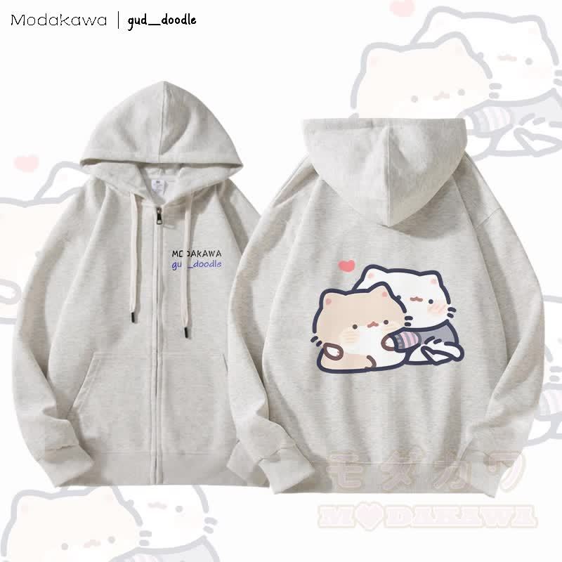 MODAKAWA X gud_doodle Kitty Grafik Fleecegefütterter Kapuzenpullover mit Reißverschluss - Hellgrau - 5XL - image 3