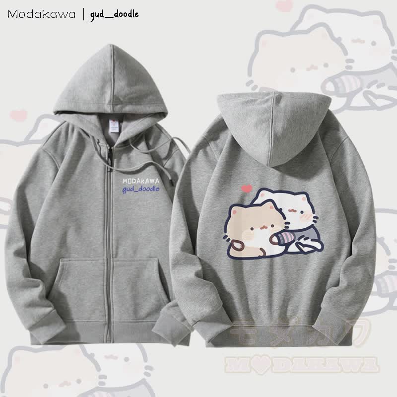 MODAKAWA X gud_doodle Kitty Grafik Fleecegefütterter Kapuzenpullover mit Reißverschluss - Grau - 5XL - image 2