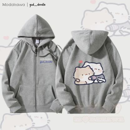 MODAKAWA X gud_doodle Kitty Grafik Fleecegefütterter Kapuzenpullover mit Reißverschluss - Grau - 5XL - image 2