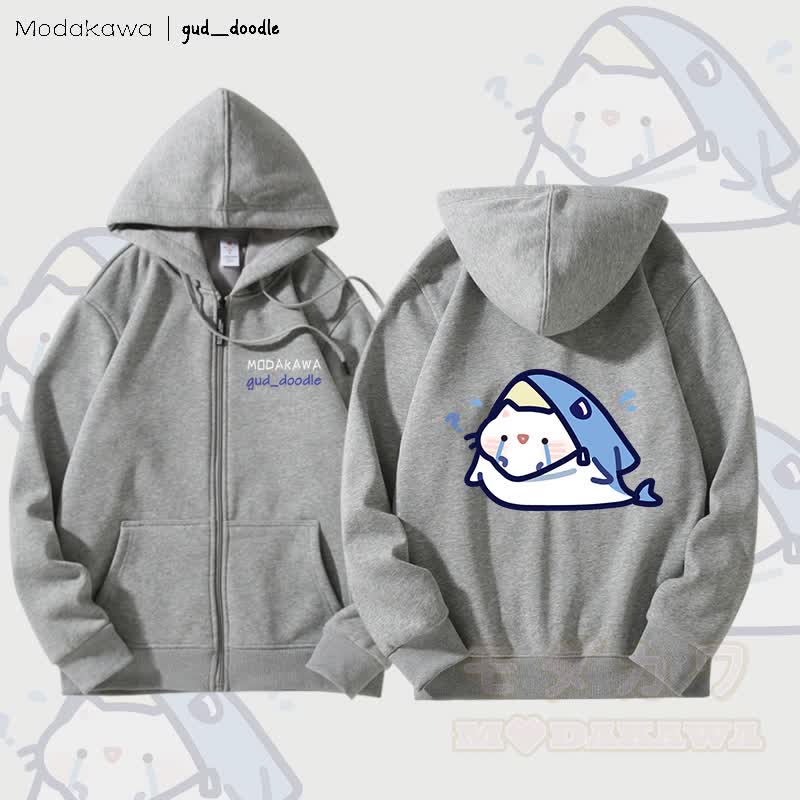MODAKAWA X gud_doodle Kitty Shark Grafik Fleece gefütterter Kapuzenpullover mit Reißverschluss - Grau - 5XL - image 2