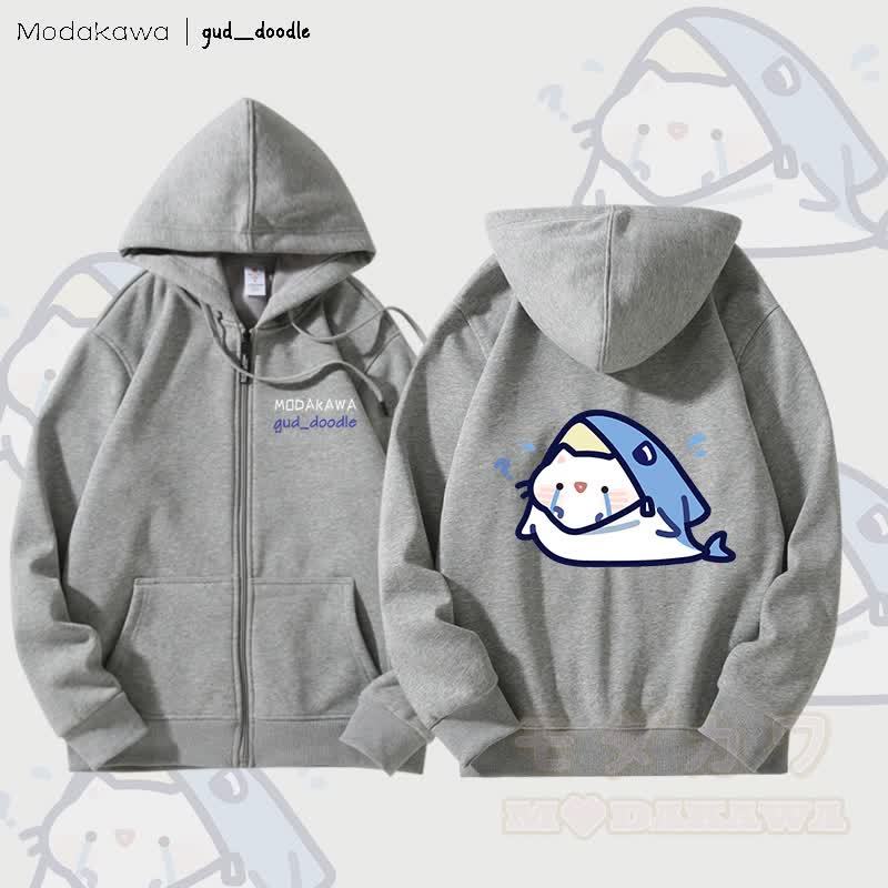 MODAKAWA X gud_doodle Kitty Shark Grafik Fleece gefütterter Kapuzenpullover mit Reißverschluss - Grau - 5XL - image 2