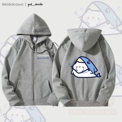 MODAKAWA X gud_doodle Kitty Shark Grafik Fleece gefütterter Kapuzenpullover mit Reißverschluss - Grau - 5XL - image 2
