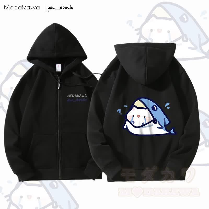 MODAKAWA X gud_doodle Kitty Shark Grafik Fleece gefütterter Kapuzenpullover mit Reißverschluss - Schwarz - 5XL - image 1