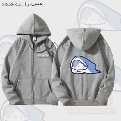 MODAKAWA X gud_doodle Kitty Shark Grafik Fleece gefütterter Kapuzenpullover mit Reißverschluss - Grau - 5XL - image 2