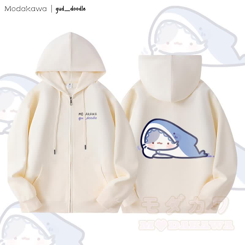 MODAKAWA X gud_doodle Kitty Shark Grafik Fleece gefütterter Kapuzenpullover mit Reißverschluss - Beige - 5XL - image 1