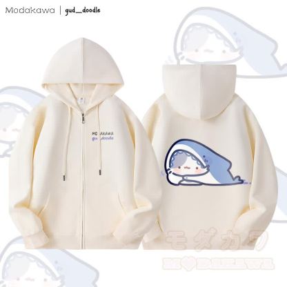 MODAKAWA X gud_doodle Kitty Shark Grafik Fleece gefütterter Kapuzenpullover mit Reißverschluss - Beige - 5XL - image 1