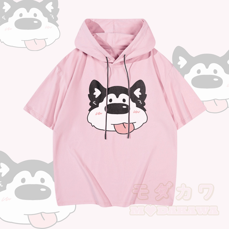 MODAKAWA Kurzarm-Hoodie mit Welpenmotiv „Zunge raus“ - Rosa - 3XL - image 2