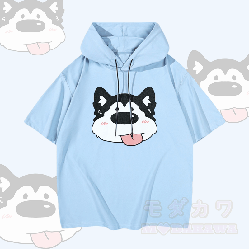 MODAKAWA Kurzarm-Hoodie mit Welpenmotiv „Zunge raus“ - Blau - 3XL - image 1