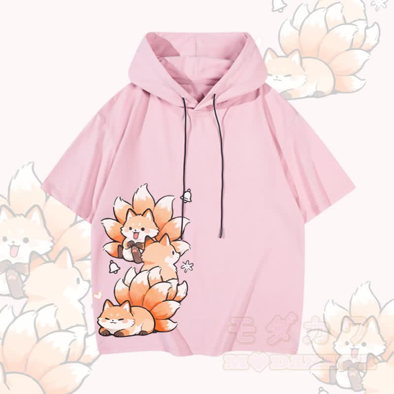 MODAKAWA Kurzarm-Hoodie mit neunschwänzigem Fuchs-Motiv - Rosa - 3XL - image 2