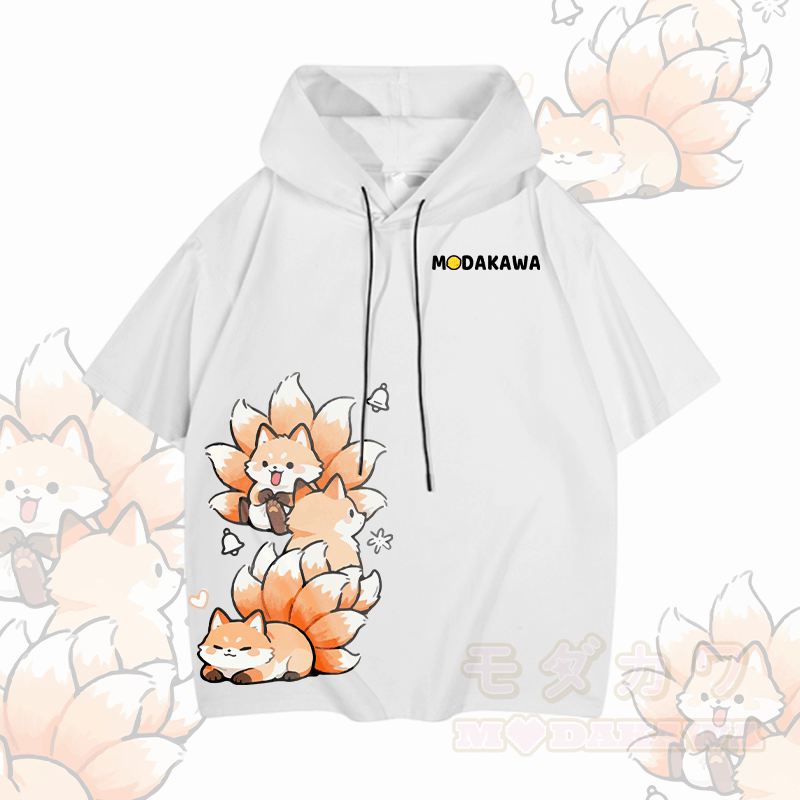 MODAKAWA Kurzarm-Hoodie mit neunschwänzigem Fuchs-Motiv - Weiß - 3XL - image 1