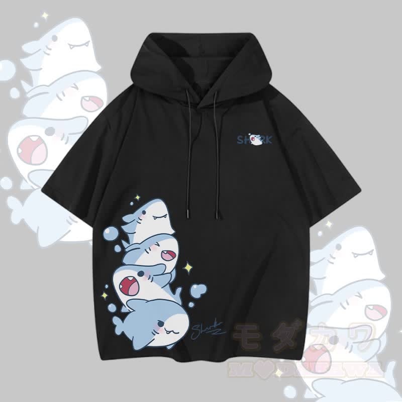 MODAKAWA Kurzarm-Hoodie mit verspieltem Hai-Motiv - Schwarz - 3XL - image 4