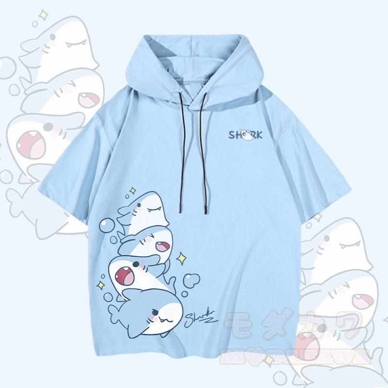 MODAKAWA Kurzarm-Hoodie mit verspieltem Hai-Motiv - Blau - 3XL - image 1