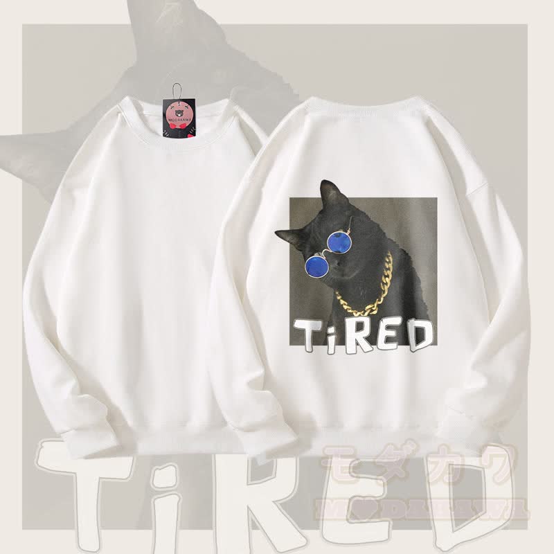 MODAKAWA TIRED Unisex-Sweatshirt mit Goldketten-Katzenmotiv - Weiß - 5XL - image 2