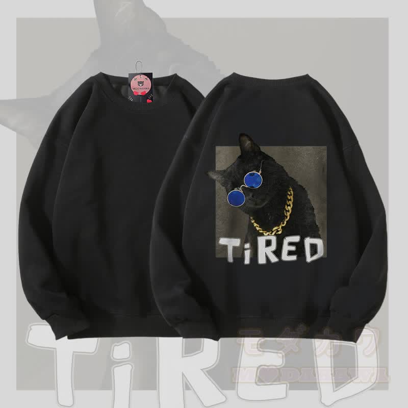 MODAKAWA TIRED Unisex-Sweatshirt mit Goldketten-Katzenmotiv - Schwarz - 5XL - image 1