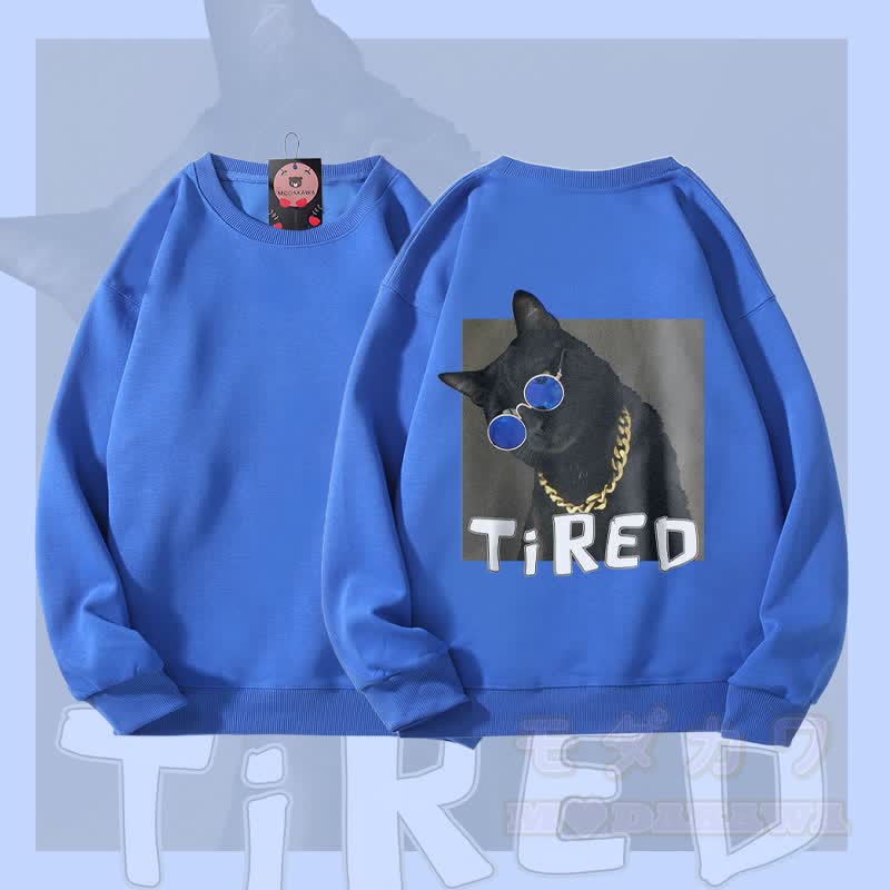 MODAKAWA TIRED Unisex-Sweatshirt mit Goldketten-Katzenmotiv - Königsblau - 5XL - image 3