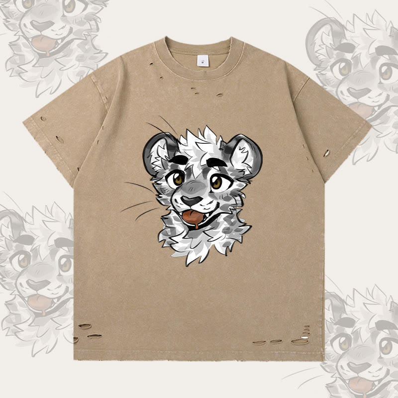 MODAKAWA X atka Freches Tigergesicht Grafik-T-Shirt mit Rissen - Brown - 2XL - image 2