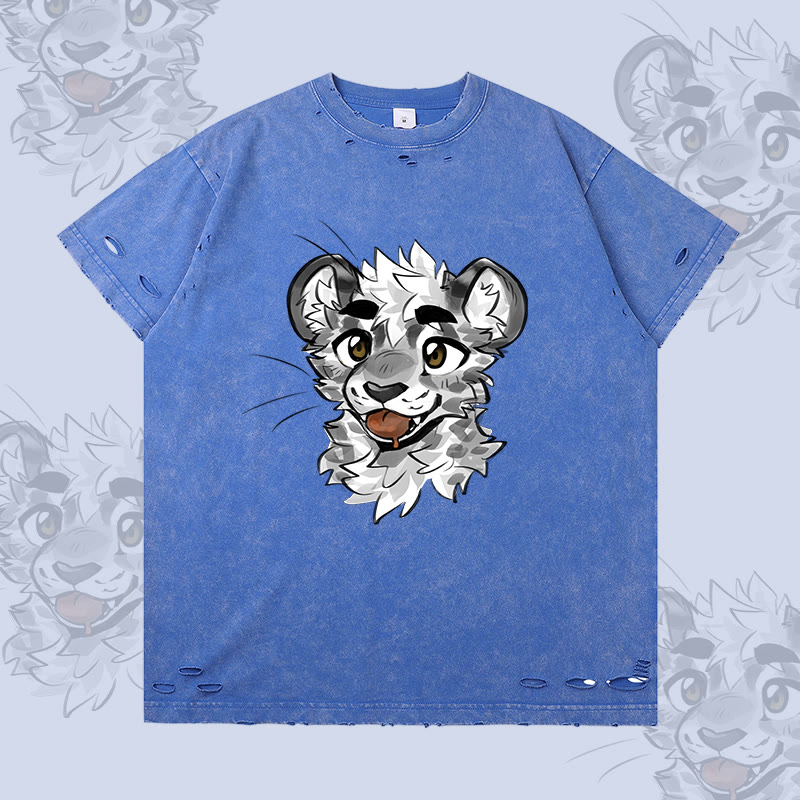 MODAKAWA X atka Freches Tigergesicht Grafik-T-Shirt mit Rissen - Blue - 2XL - image 1