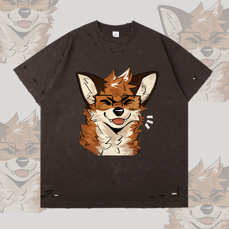 MODAKAWA X atka Fuchs mit Brille Grafik Zerrissenes T-Shirt - Dark Brown - 2XL - image 1