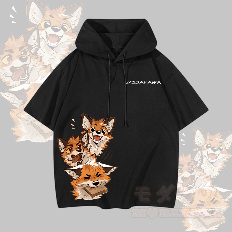 MODAKAWA X atka Funny Fox Graphic Kurzarm-Hoodie - Schwarz - 3XL - image 1