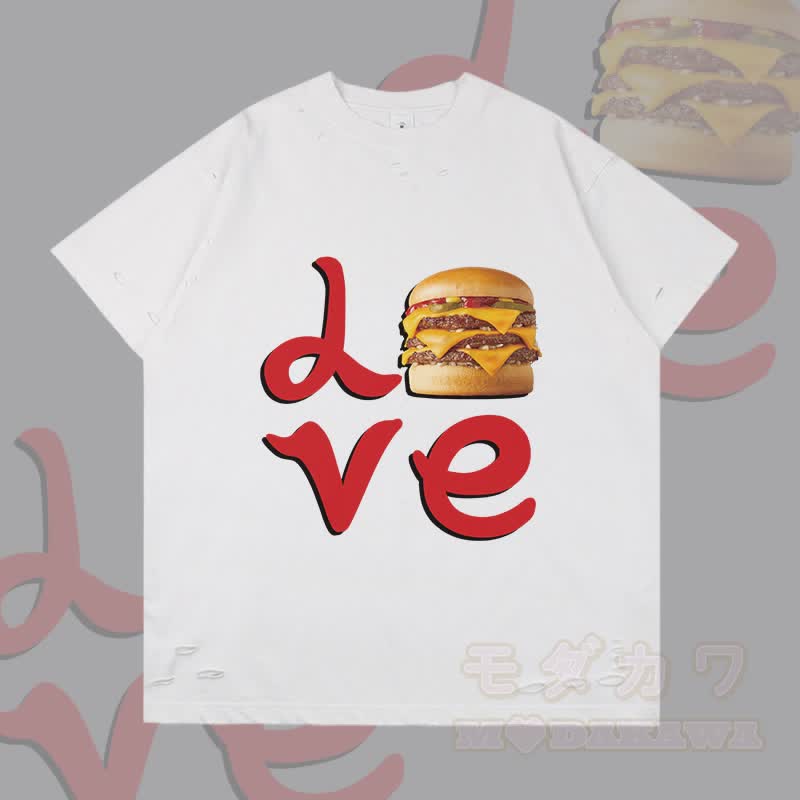 MODAKAWA LOVE Hamburger Grafik Zerrissenes T-Shirt - Weiß - 2XL - image 2