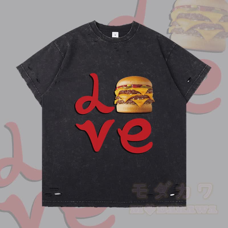MODAKAWA LOVE Hamburger Grafik Zerrissenes T-Shirt - Schwarz - 2XL - image 1