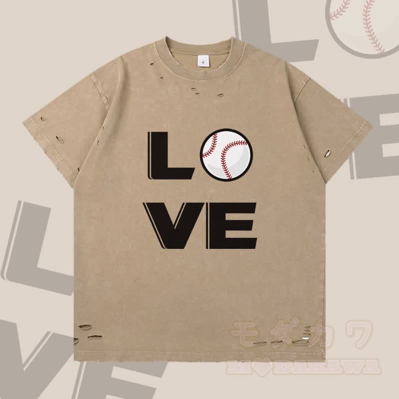 MODAKAWA LOVE Baseball Grafik Zerrissenes T-Shirt - Braun - 2XL - image 1