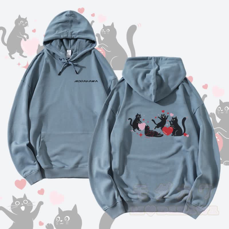 MODAKAWA Playing Black Cat Graphic Streetwear Pullover Hoodie - Staubiges Blau - 5XL - image 2