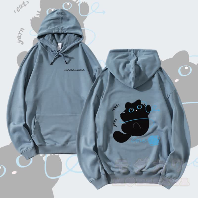 MODAKAWA Streetwear Pullover Hoodie mit Katzenmotiv und Garngrafik - Staubiges Blau - 5XL - image 2