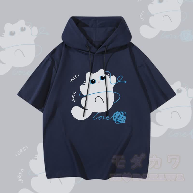MODAKAWA Kurzarm-Hoodie mit Katzenmotiv und Garngrafik - Purpurblau - 3XL - image 2