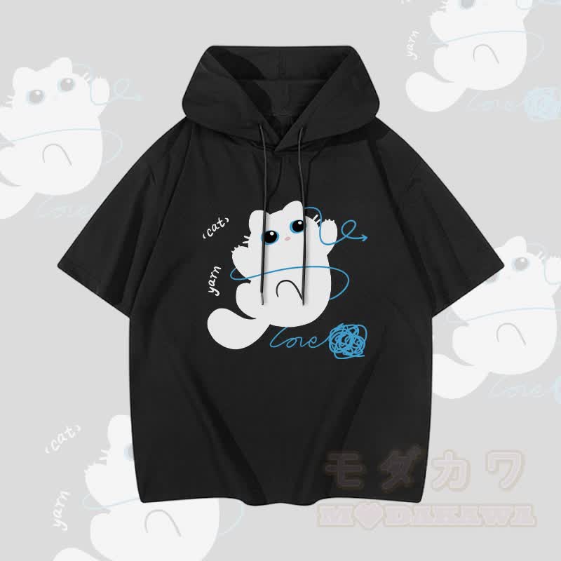 MODAKAWA Kurzarm-Hoodie mit Katzenmotiv und Garngrafik - Schwarz - 3XL - image 1