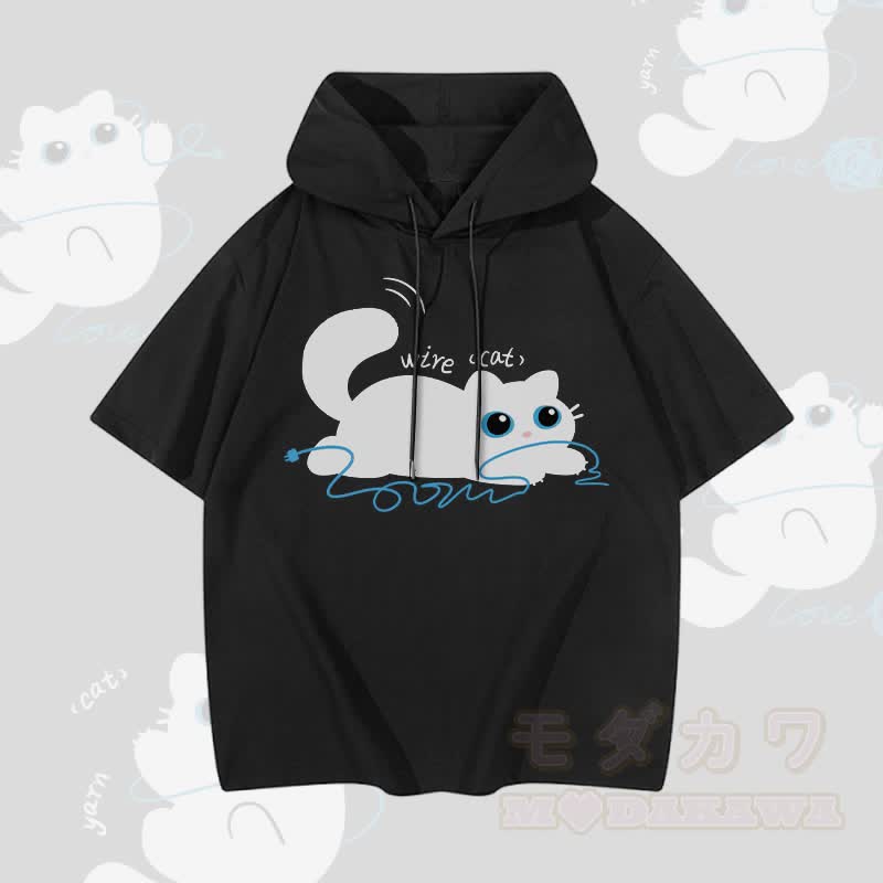 MODAKAWA Kurzarm-Hoodie mit Katzenmotiv und Drahtmotiv - Schwarz - 3XL - image 4