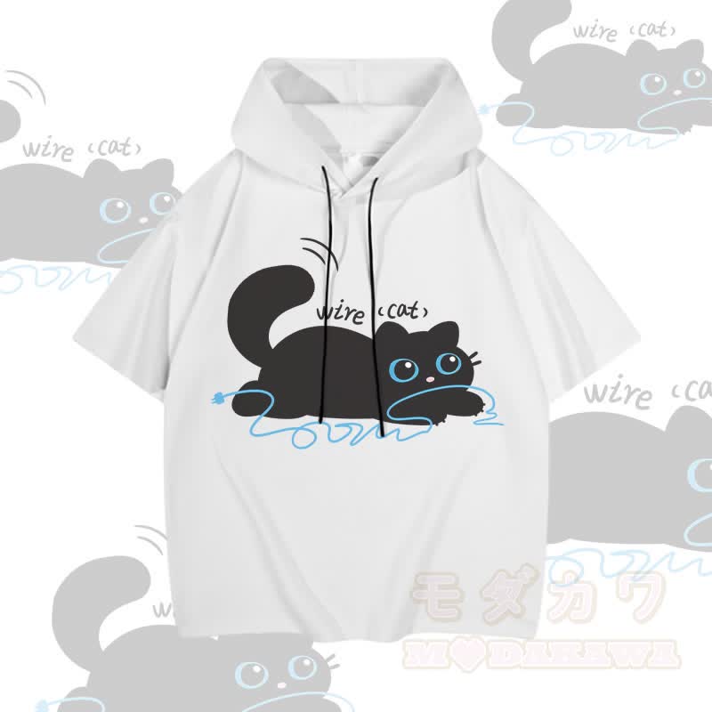 MODAKAWA Kurzarm-Hoodie mit Katzenmotiv und Drahtmotiv - Weiß - 3XL - image 3