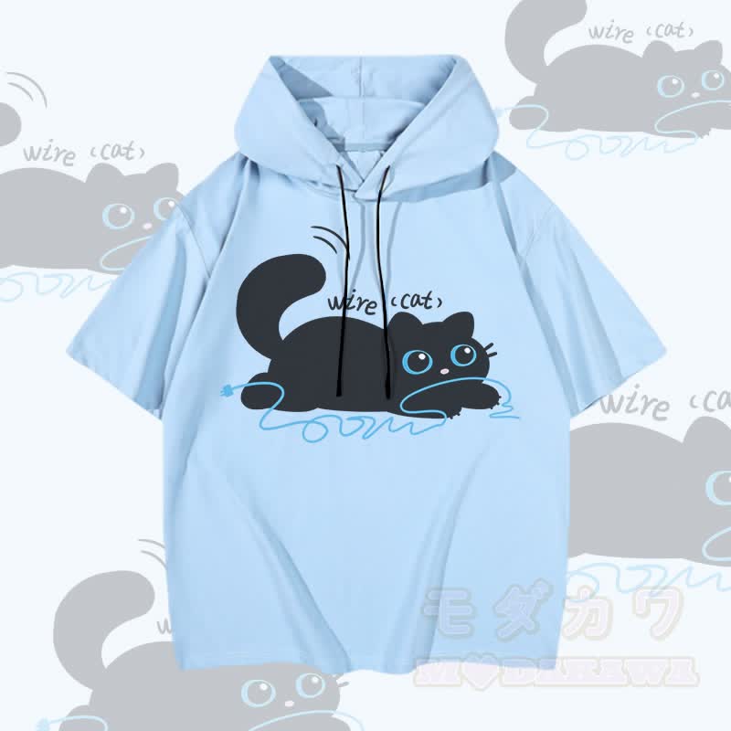 MODAKAWA Kurzarm-Hoodie mit Katzenmotiv und Drahtmotiv - Blau - 3XL - image 2